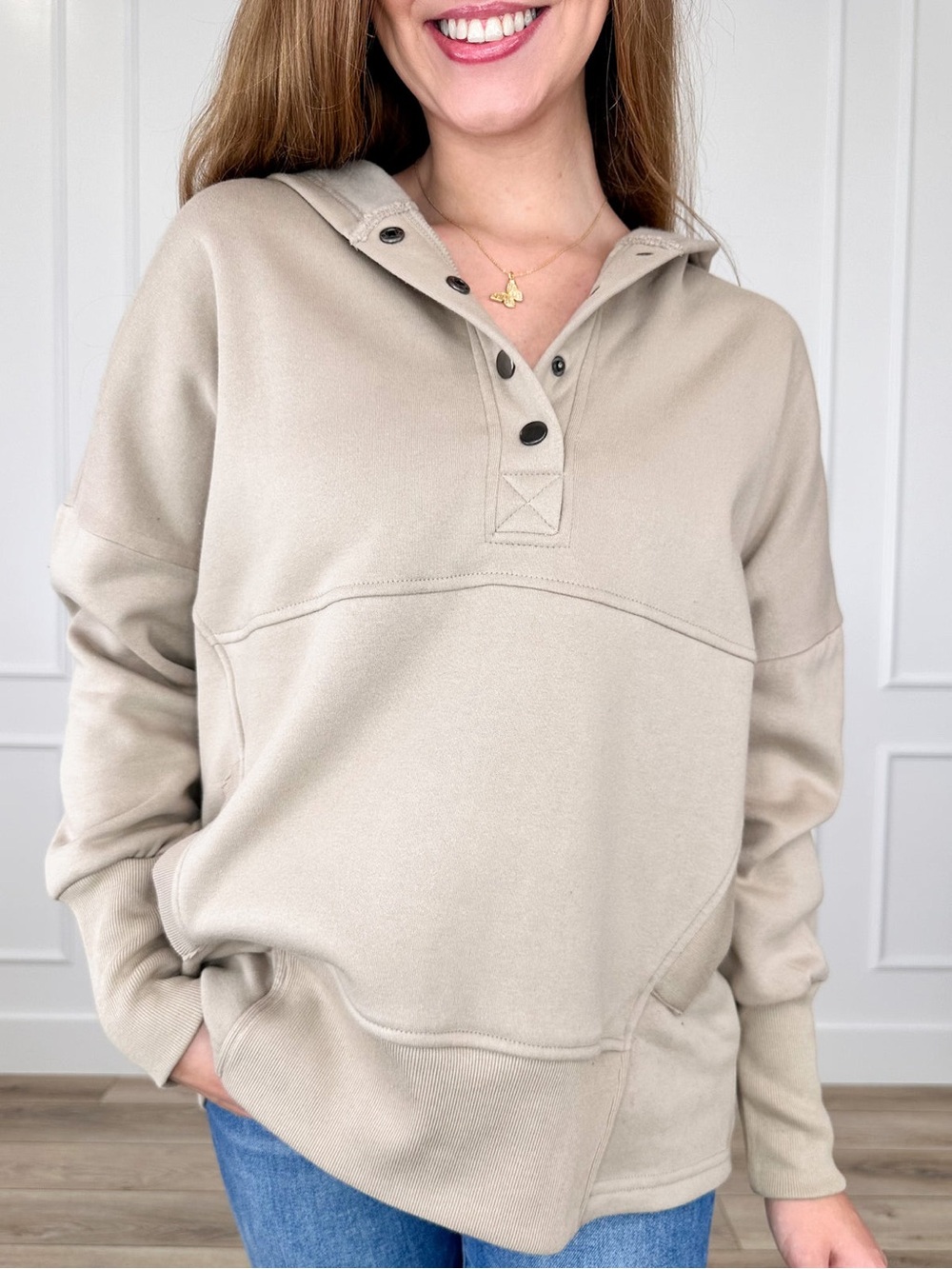 Zenana 3/4 Beige Snap-Front Hoodie Top